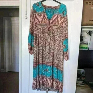 Vintage Flowy Bohemian Summer Kaftan Caftan Maxi Dress Tassels Size S/M